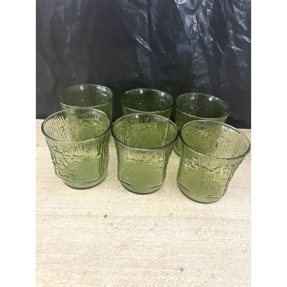 Set of 6 VTG Anchor Hocking Pagoda Green Glass Tree Bark Bamboo Juice Glasses